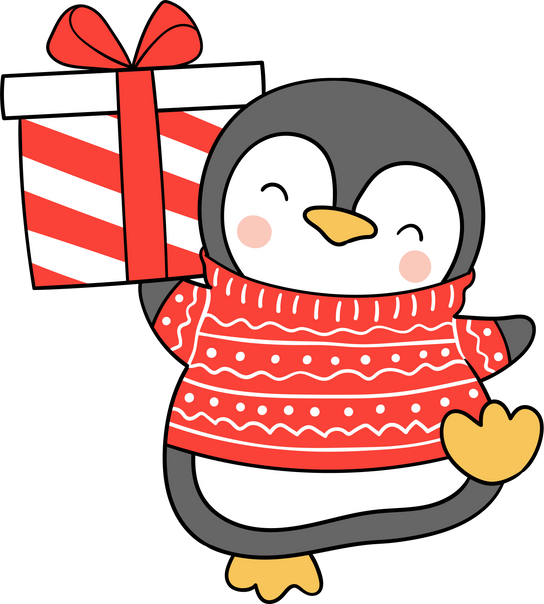 Penguin in Sweater Holding a Gift